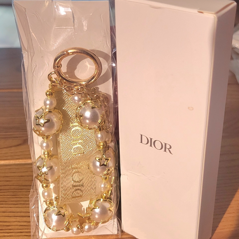 Dior Perfume Gold and Pearl Charm Keychain